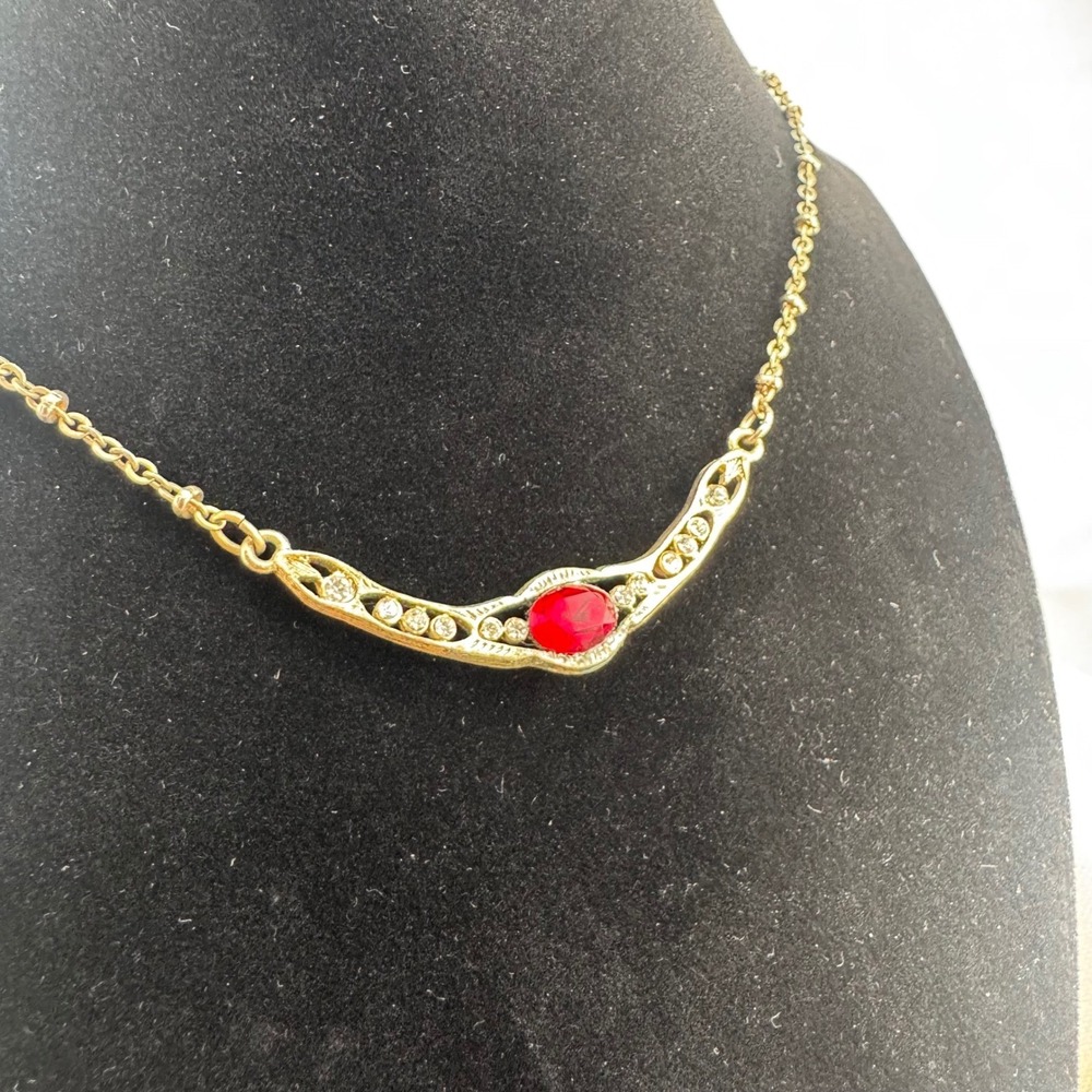 Downton Abbey Gold Tone Necklace Red Crystal Filigree Edwardian Style 18 Inch
